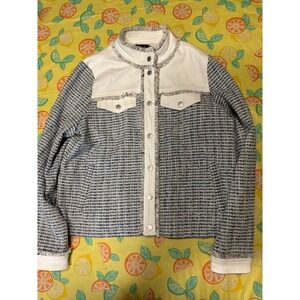 Tweedcore Women FDJ French Dressing Jeans Jacket M Blue White Mixed Media Fringe